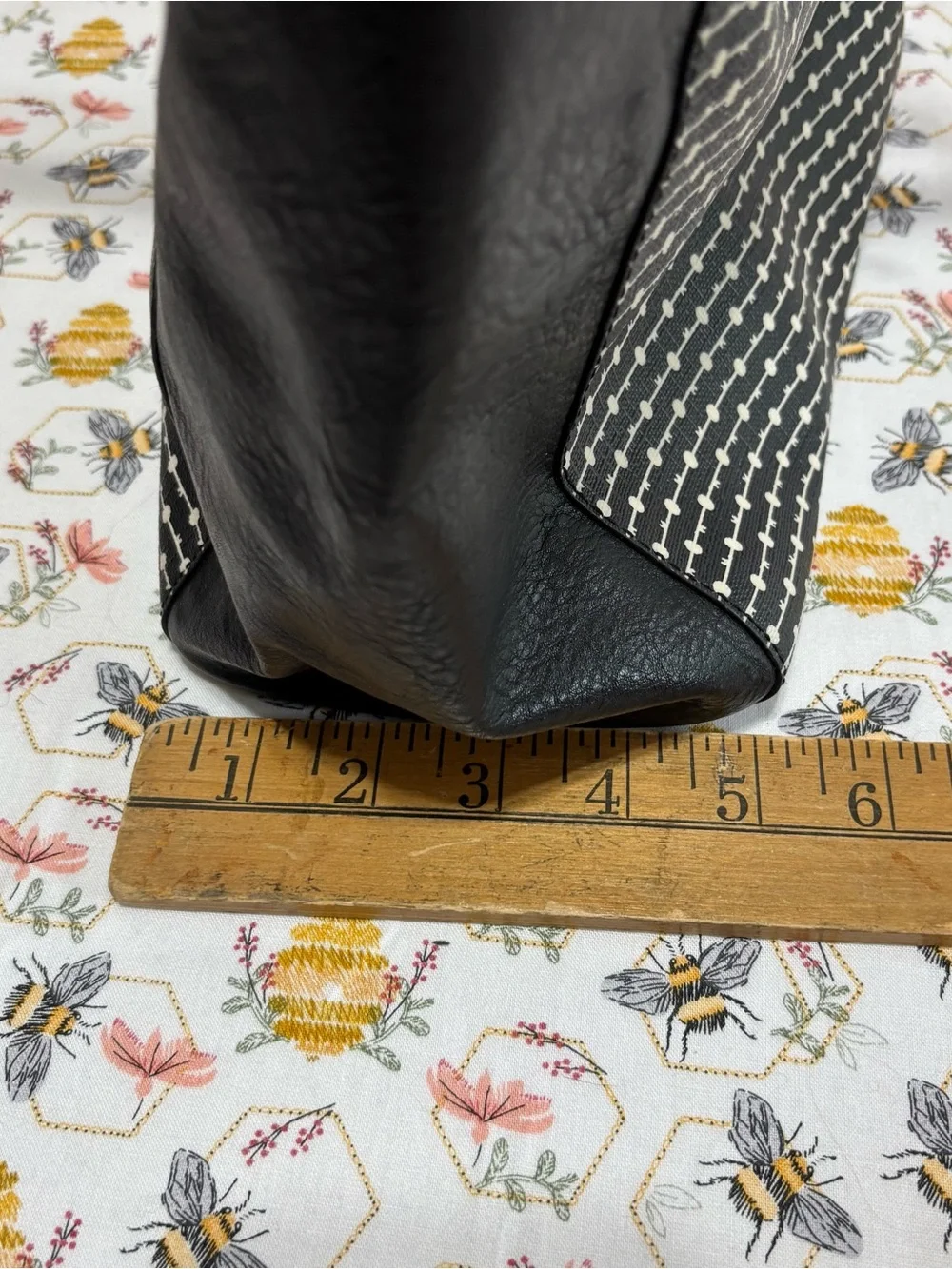 Fossil Black & White Dot-Striped Tote with Brown Leather Handles